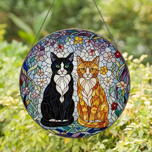 Black & White Tuxedo Cat Orange Tabby Stained Glass Mosaic Art - Tiffany Style Cat Lover Gift Stained Glass Suncatcher