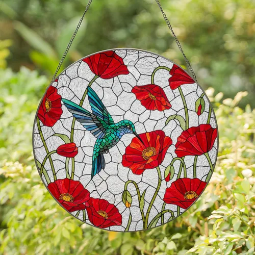 Hummingbird Red Poppy Stained Glass Mosaic - Vibrant Jewel Tone Tiffany Inspired Window Decor Stained Glass Suncatcher