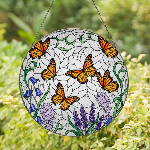 Monarch Butterflies Wildflower Tiffany Stained Glass - Glowing Jewel Tone Mosaic Art Stained Glass Suncatcher