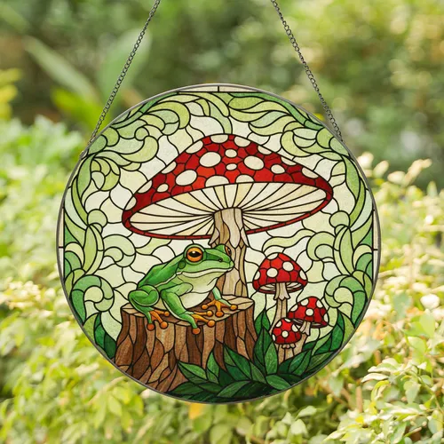 Green Tree Frog Stained Glass Art - Toadstool Mushroom Forest Canopy Tiffany Mosaic Gift Stained Glass Suncatcher