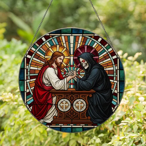 Jesus Christ Grim Reaper Arm Wrestling Stained Glass Tiffany Style Jewel Tone Mosaic Stained Glass Suncatcher
