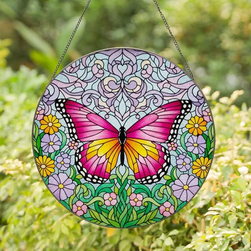 Tiffany Stained Glass Butterfly Pink Purple Yellow Flowers Intricate Mosaic Art Decor Stained Glass Suncatcher