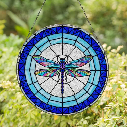 Iridescent Dragonfly Stained Glass Mosaic - Tiffany Style Geometric Art & Jewel Tones Stained Glass Suncatcher