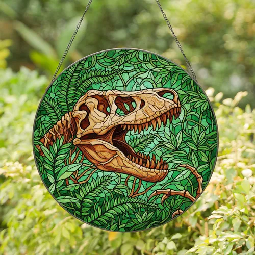 Fossilized T-Rex Skull Dinosaur Claw Prehistoric Jungle Fern Mosaic Tiffany Jewel Tone Stained Glass Suncatcher