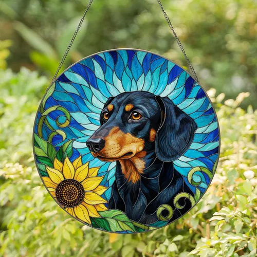 Black Tan Dachshund Dog Stained Glass Sunflower, Green Leaves, Intricate Blue Teal Mosaic Stained Glass Suncatcher