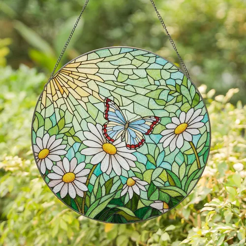 Tiffany Stained Glass Butterfly Daisy Teal Yellow Red Garden Mosaic Home Decor Stained Glass Suncatcher