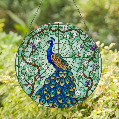 Majestic Blue Peacock Stained Glass Art Tiffany Style Intricate Floral Mosaic Jewel Tones Stained Glass Suncatcher