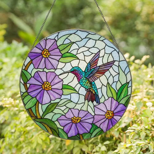 Vibrant Iridescent Hummingbird Stained Glass Flowers - Tiffany Style Mosaic Decor Gift Stained Glass Suncatcher