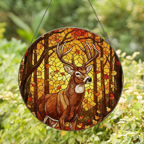 Stained Glass Autumn Deer Buck Sunset - Tiffany Style Forest Foliage Home Decor Stained Glass Suncatcher