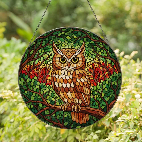 Stained Glass Owl Forest Canopy Art - Tiffany Style Jewel Tones with Tree Branch Detail Stained Glass Suncatcher