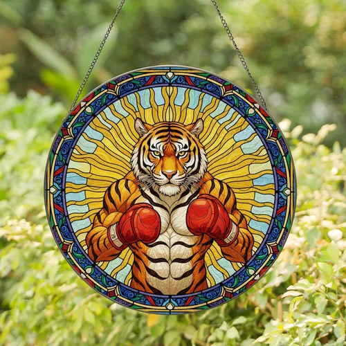 Muscular Tiger Red Boxing Gloves Stained Glass Fierce Gaze - Ornate Tiffany Style Mosaic Art Stained Glass Suncatcher