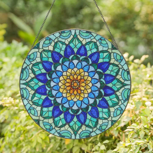 Tiffany Style Stained Glass Floral Mandala Dahlia Succulent Jewel Tone Mosaic Radiating Petals Stained Glass Suncatcher