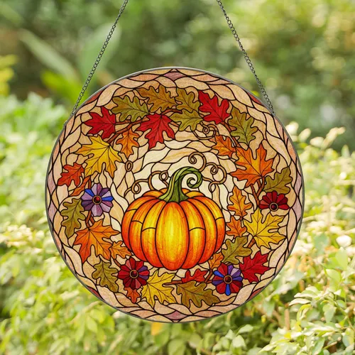 Pumpkin Maple Oak Leaf Tiffany Stained Glass Glowing Mosaic Autumn Harvest Stained Glass Suncatcher
