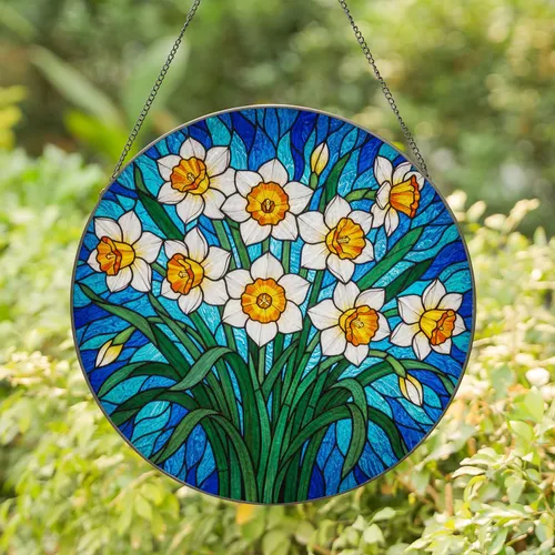 Daffodil White Yellow Tiffany Stained Glass Mosaic - Teal Turquoise Green Floral Art Stained Glass Suncatcher