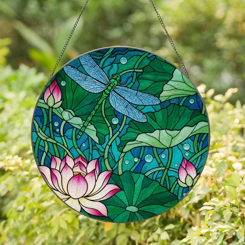Dragonfly Lotus Water Lily Tiffany Stained Glass - Intricate Jewel Tone Mosaic Art Stained Glass Suncatcher