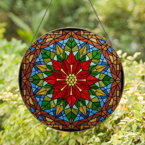 Poinsettia Red Petals Stained Glass Mosaic Christmas - Tiffany Style Holiday Art Stained Glass Suncatcher