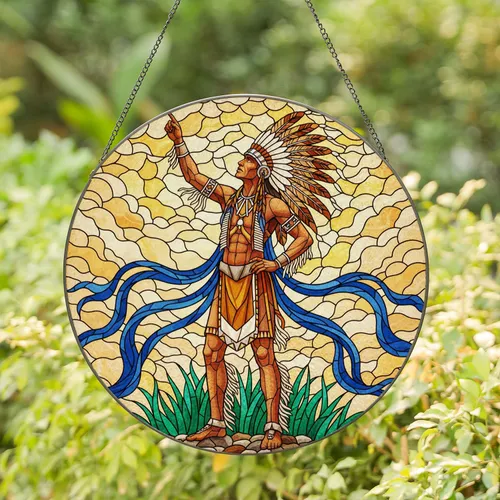 Native American Chief Feathered Warbonnet Skyward Gaze Tiffany Stained Glass Mosaic Design Stained Glass Suncatcher