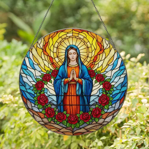 Virgin Mary Stained Glass Art, Red Roses, Mosaic Sky - Spiritual Home Decor for Believers Stained Glass Suncatcher