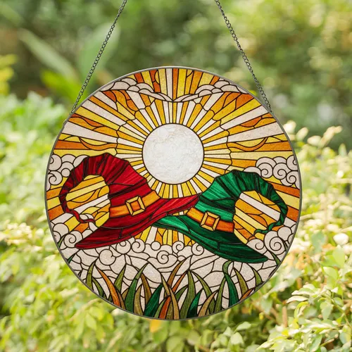 Vibrant Red Green Witch Hats Stained Glass, Full Moon, Wavy Mosaic Tiffany Artwork Stained Glass Suncatcher