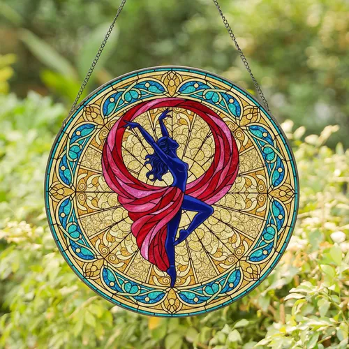 Graceful Female Dancer Silhouette Stained Glass Art - Tiffany Style Ornate Floral Mosaic Stained Glass Suncatcher