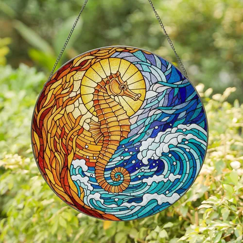 Seahorse Stained Glass Ocean Waves Coral Mosaic Geometric Patterns Deep Ocean Currents Stained Glass Suncatcher