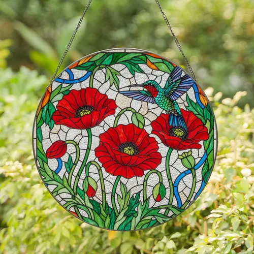 Hummingbird Red Poppy Flowers Tiffany Stained Glass Mosaic - Jewel Tone Home Decor Stained Glass Suncatcher