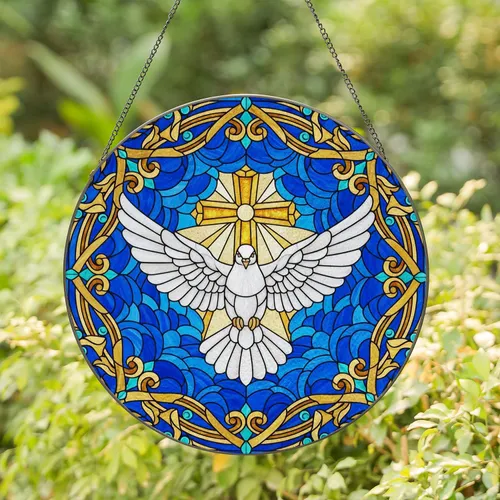 White Dove Christian Cross Tiffany Style - Azure Blue Mosaic Religious Home Decor Stained Glass Suncatcher
