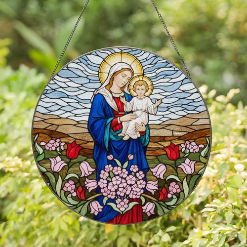 Mary Baby Jesus Stained Glass Mosaic Art - Floral Religious Home Window Decor Gift Stained Glass Suncatcher
