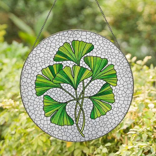 Highly Detailed Ginkgo Leaves Translucent Stained Glass - Tiffany Style Mosaic Green White Stained Glass Suncatcher