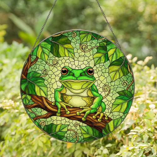 Tiffany Style Emerald Green Tree Frog Stained Glass Mosaic Golden Yellow Leaves Stained Glass Suncatcher