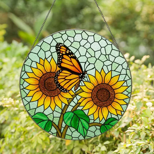 Monarch Butterfly Sunflowers Stained Glass Mosaic - Nature Inspired Jewel Tone Art Stained Glass Suncatcher