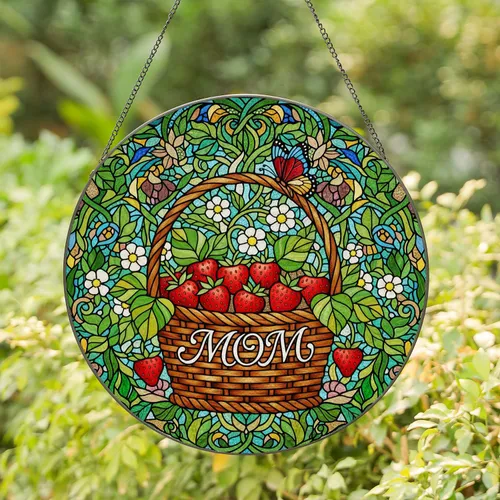 Stained Glass Strawberry Basket MOM Butterfly Tiffany Art - Mother's Day Garden Gift Stained Glass Suncatcher