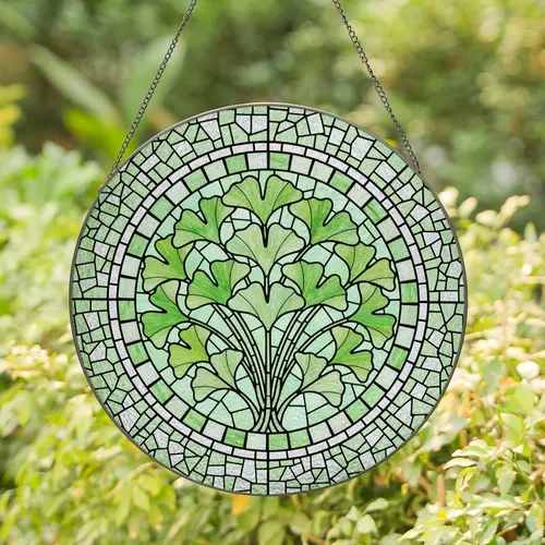 Glowing Ginkgo Biloba Stained Glass Mosaic Leaves - Tiffany Style Nature Window Decor Art Stained Glass Suncatcher