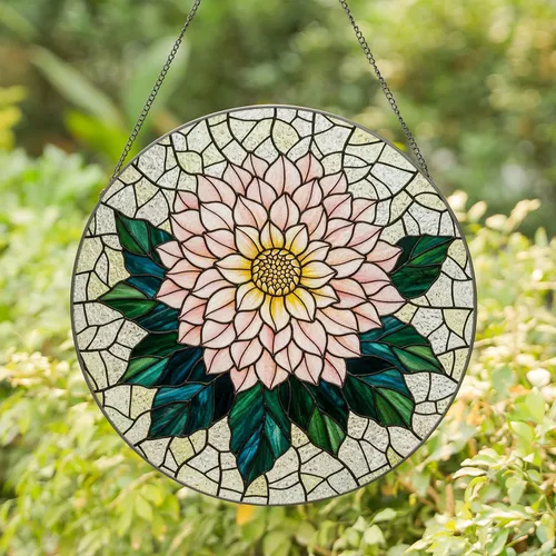 Highly Detailed Stained Glass Dahlia Peony Flower Mosaic - Tiffany Style Jewel Tone Gift Stained Glass Suncatcher