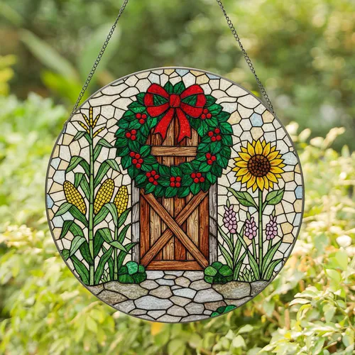 Rustic Barn Door Wreath Stained Glass Tiffany Style Farmhouse Sunflower Decor Gift Stained Glass Suncatcher