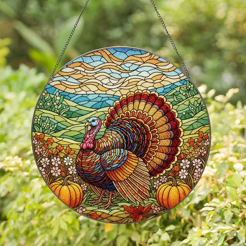 Majestic Turkey Stained Glass Art - Autumn Jewel Tone Pumpkin Wildflower Decor Stained Glass Suncatcher