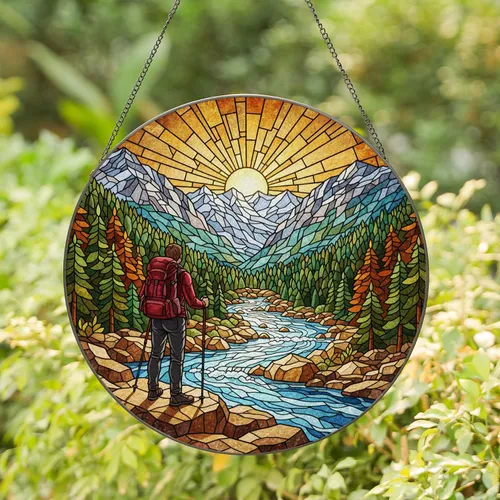 Tiffany Style Stained Glass Mountain Hiker - River Valley & Snow-Capped Peaks Gift Stained Glass Suncatcher
