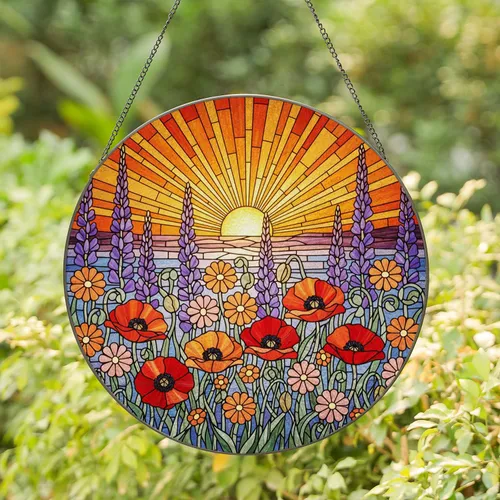 Stained Glass Wildflowers Poppies Lupine Sunset Sky Ocean Hills - Vibrant Jewel Tone Art Stained Glass Suncatcher