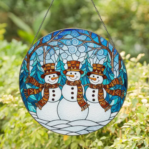 Snowmen Winter Forest Stained Glass Mosaic Snow Drifts Tiffany Style Bare Evergreen Trees Stained Glass Suncatcher