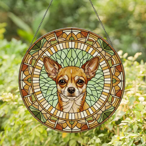 Chihuahua Dog Stained Glass Art - Tiffany Style Mosaic with Intricate Geometric Patterns Stained Glass Suncatcher