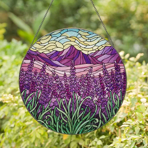 Stained Glass Lavender Field Purple Flowers Green Stems Mosaic Hills Sky Colorful Art Stained Glass Suncatcher