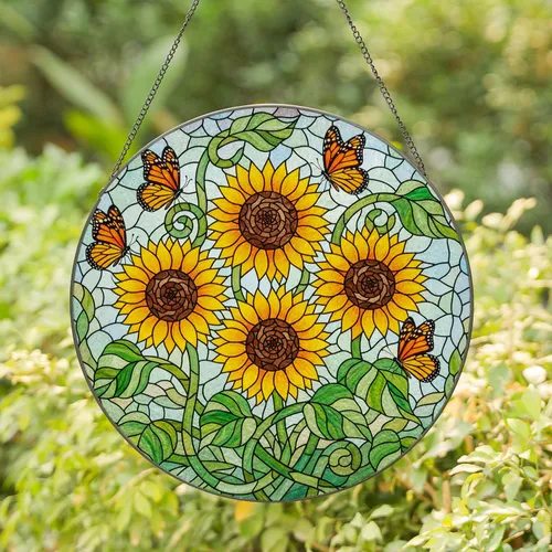 Sunflowers & Monarch Butterflies Intricate Stained Glass Mosaic - Tiffany Jewel Tones Stained Glass Suncatcher