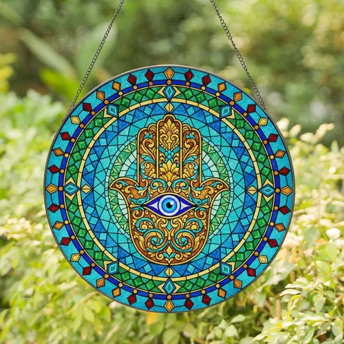 Ornate Hamsa Hand Evil Eye Stained Glass Mosaic Art with Floral Filigree & Geometric Pattern Stained Glass Suncatcher