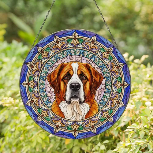 Saint Bernard Dog Portrait Stained Glass - Tiffany Style Jewel Tone Mosaic Art Window Decor Stained Glass Suncatcher