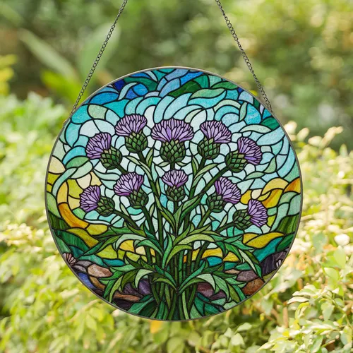 Vibrant Scottish Thistle Bouquet Stained Glass - Tiffany Style Jewel Tone Mosaic Art Stained Glass Suncatcher