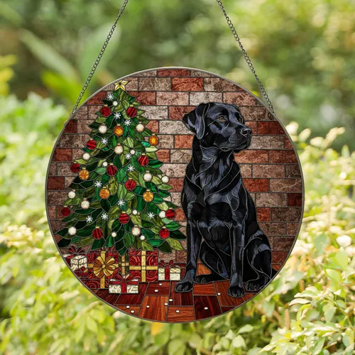 Black Labrador Christmas Tree Presents Stained Glass Art - Festive Holiday Dog Gift Stained Glass Suncatcher
