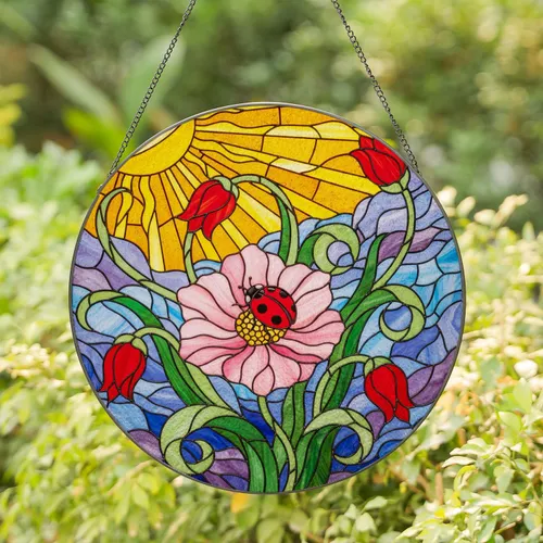 Ladybug Pink Flower Red Tulips Tiffany Glass Look Radiant Sun Mosaic Jewel Design Stained Glass Suncatcher