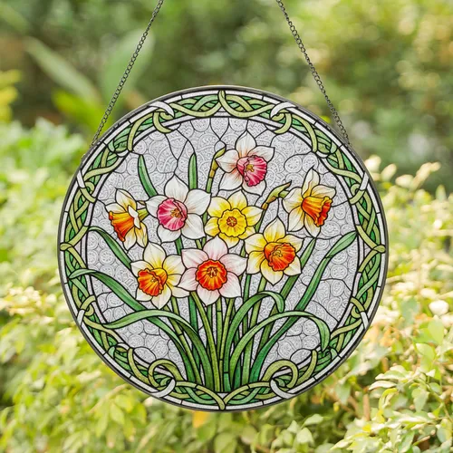 Vibrant Stained Glass Daffodils Mosaic Art Nouveau Border Tiffany Style Floral Stained Glass Suncatcher