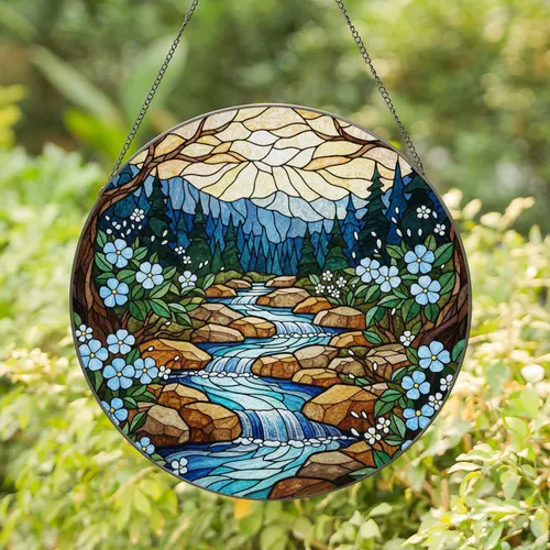 Stained Glass River Rock Blue Flower Evergreen Forest Mountain Scenic Landscape Art Stained Glass Suncatcher