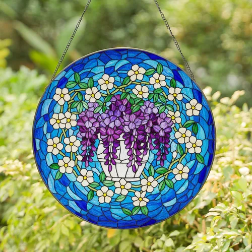 Purple Wisteria Stained Glass Flowers & White Blossoms - Tiffany Style Jewel Tone Floral Mosaic Art Stained Glass Suncatcher
